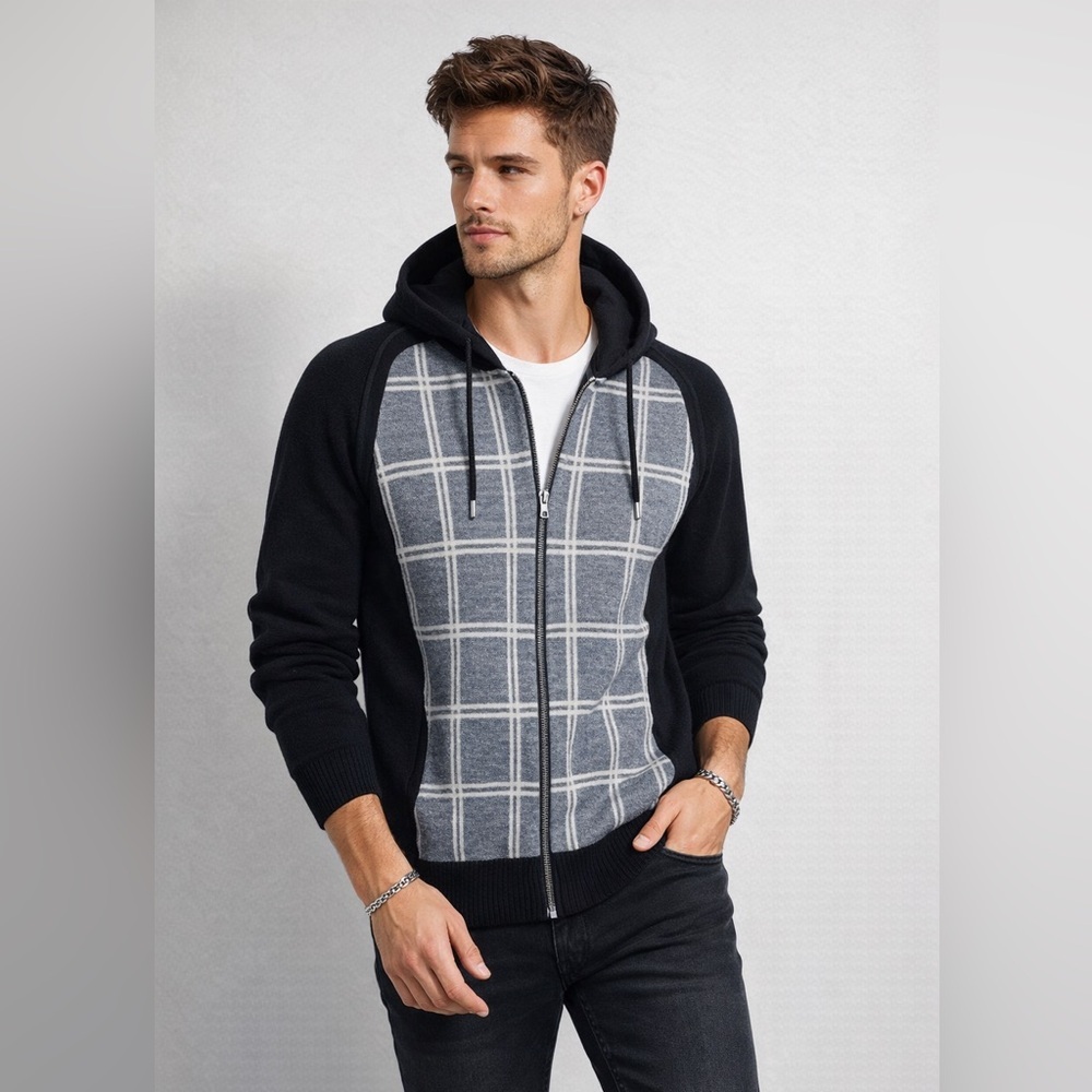 Trade Iceland Black Gray Zip Hoodie Sweater Mens Size XL Wool Blend Italy